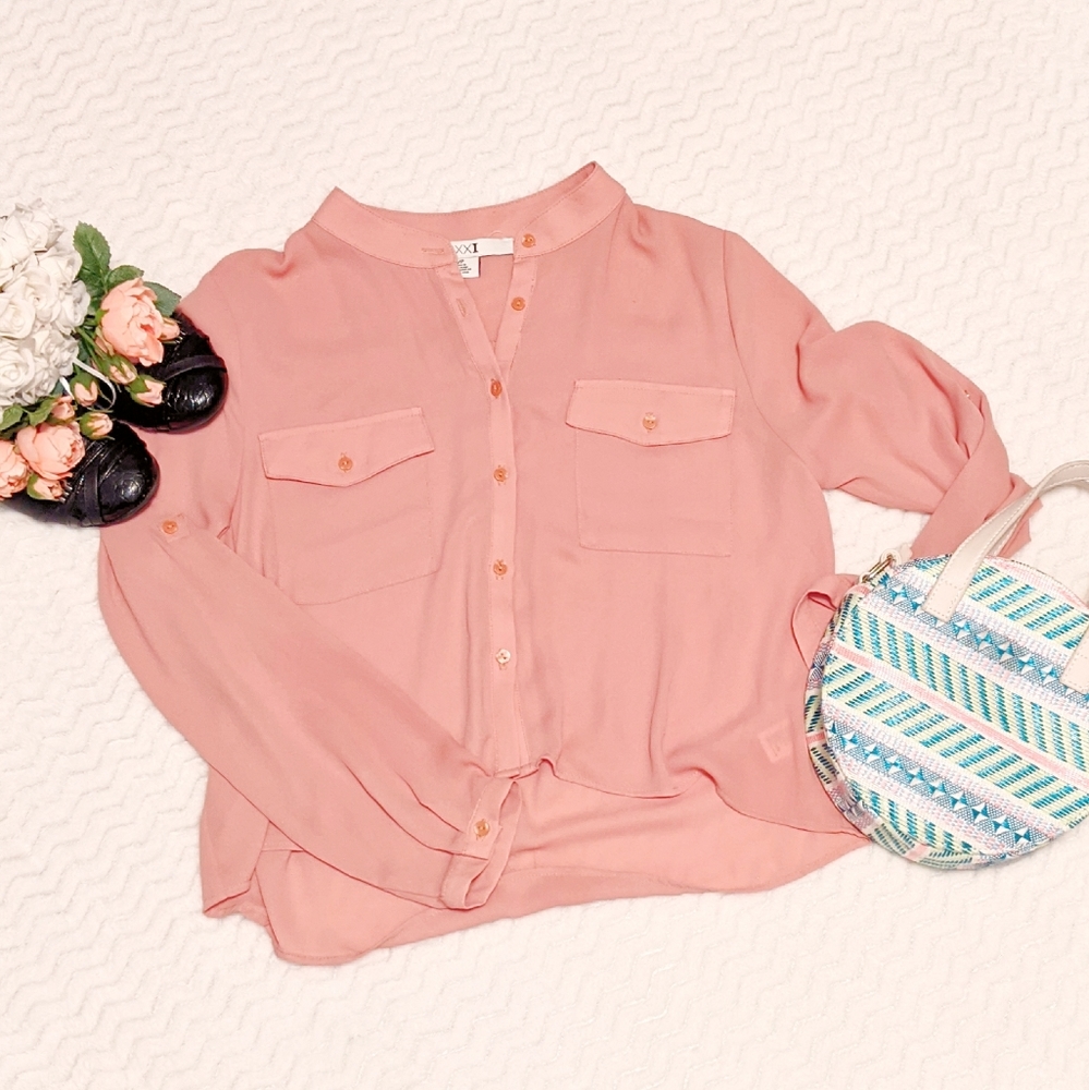 XXI Button Up Semi-Sheer Coral Blouse